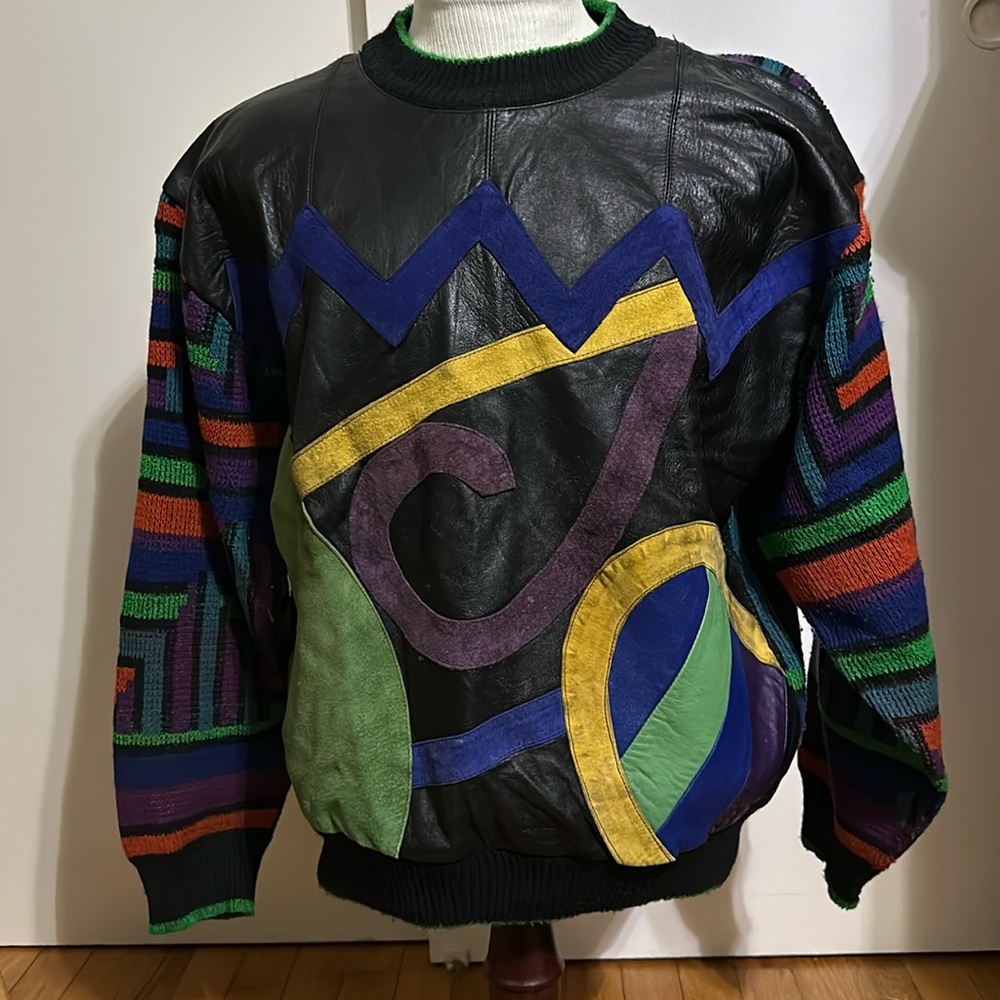 90s Vintage Saxony Collection Men’s Multicolor Sweater, (Coogi Style, Abstract)